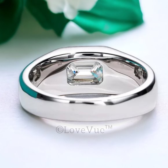 Certified 2ct. t.w. Emerald Cut Diamond Moissanite Unisex Wedding Ring VVS1 - Picture 6 of 16
